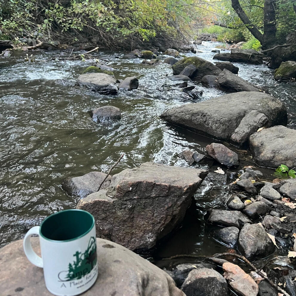 Stream with coffee cup on a rock